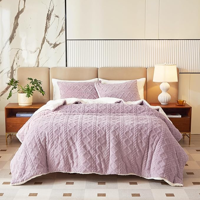 Joyreap 3-Piece Fluffy Faux Fur Sherpa Comforter Set Purple, Twin Size Luxury Tufted Bedding Comforter Set, All Season Soft n Cozy Plush Comforter Bed Set- 68x86 inches