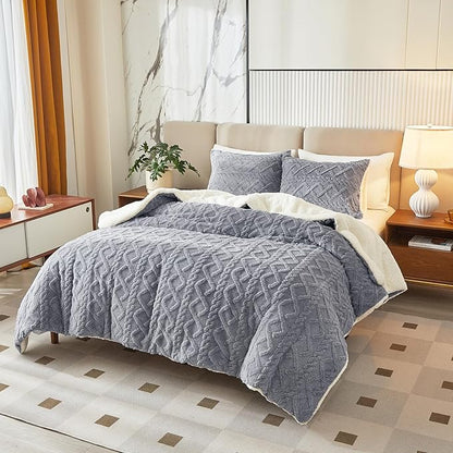 Joyreap 3-Piece Fluffy Faux Fur Sherpa Comforter Set Light Gray, King Size Luxury Tufted Bedding Comforter Set, All Season Soft n Cozy Plush Comforter Bed Set- 100x88 inches