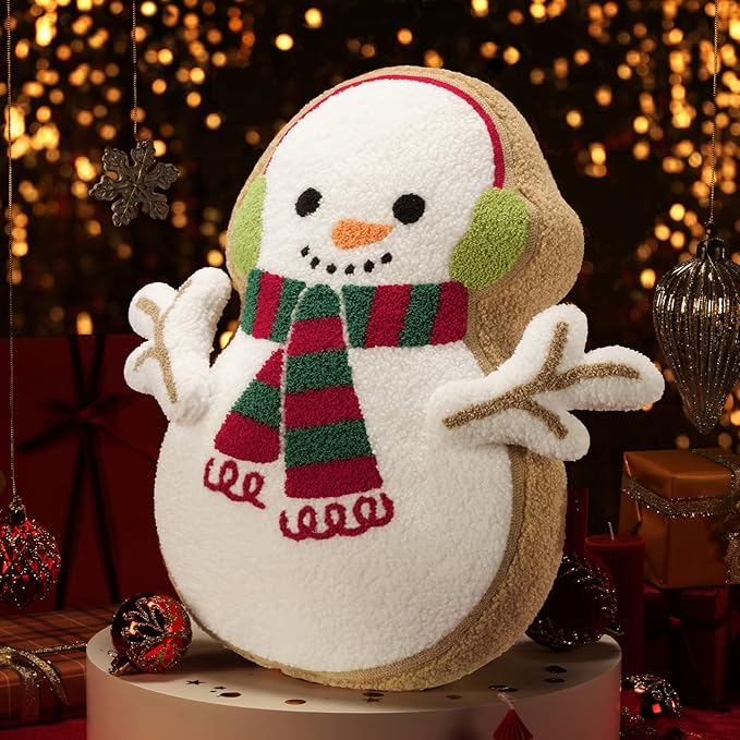 Phantoscope Gingerbread Merry Christmas Throw Pillow, Plush Teddy Xmas Gingerbread Snowman Shaped Pillows with DIY Branch Arms & Earmuffs, Christmas Decorative Pillow for Couch, White, 18x12 inches