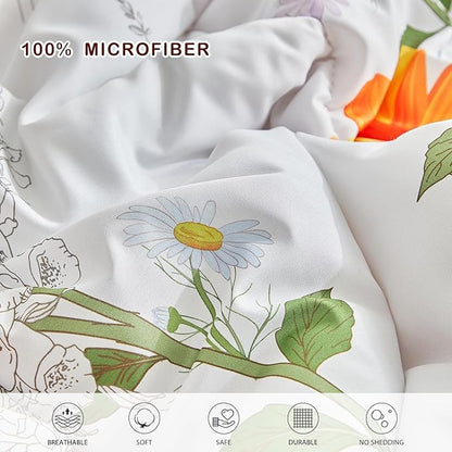Joyreap 6 Piece Bed in a Bag Twin, Floral Comforter Sheet Set, Orange n Yellow Flowers on White Design, All Season Microfiber Bedding Comforter Set