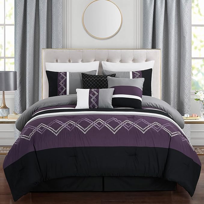 Chezmoi Collection Arden 7-Piece Modern Pleated Stripe Embroidered Zigzag Bedding Comforter Set (Full, Purple/Black/Gray/White)
