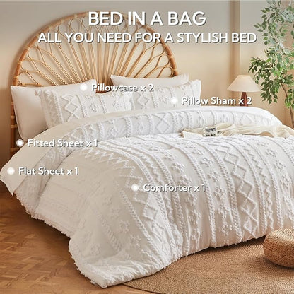 MR&HM Full Size Bed Sheets and Comforter Set White, 7 Pieces Tufted Boho Beddding Sets, Farmhouse Style Bed in a Bag with 1 Comforter, 2 Pillow Shams, 2 Pillowcases, 1 Flat Sheet, 1 Fitted Sheet