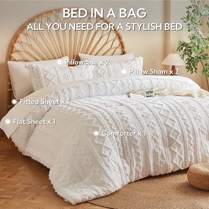 MR&HM Farmhouse Comforter Set King 7 Pieces, White Tufted Boho Beddding Sets, Bed in a Bag with 1 Comforter, 2 Pillow Shams, 2 Pillowcases, 1 Flat Sheet, 1 Fitted Sheet for All Seasons