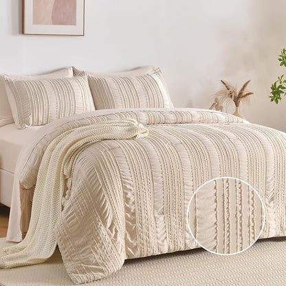 Beige Tufted Comforter Set King Size 7 Piece Bed in a Bag，Shabby Chic Boho Bedding for Bedroom Comforter，All Season Soft Microfiber Ruffle Comforter Set with Pillow and Sheets