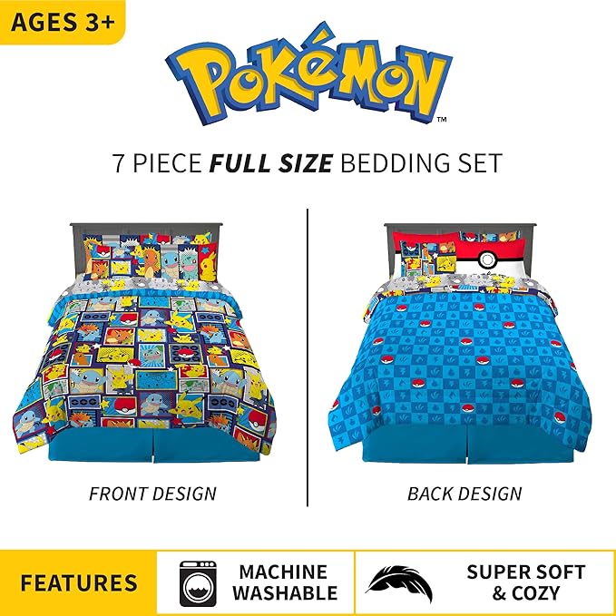 Franco Kids Bedding Super Soft Comforter and Sheet Set with Sham, 7 Piece Full Size, Pokemon