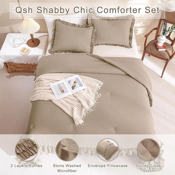 QSH Ruffled Comforter Set King Size,3PCs Light Taupe Shabby Boho Chic Bedding Comforter Sets King, Ultra Soft Farmhouse Lightweight Microfiber Inner Fill Bed Comforter Set