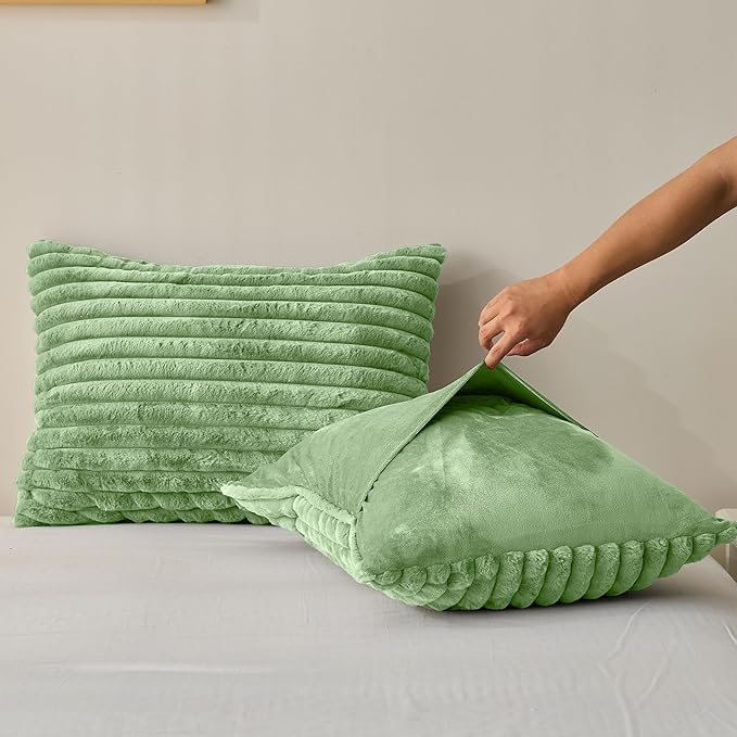 Simple&Opulence Fluffy Faux Fur Comforter Set, Plush Fuzzy Minky Bedding Set, 3 Pieces Warm Soft Comforter Bedding Set for Winter - 1 Shaggy Comforter with 2 Pillow Shams(Queen, Striped - Green)