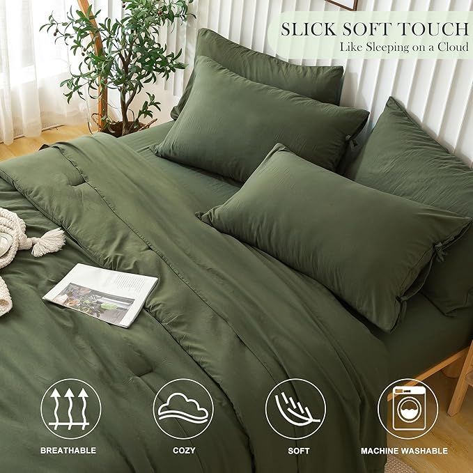 COTTEBED Ultra-Soft Full Size Sheet Sets with Comforter - All Season Use 5 Piece Bed in a Bag, Aesthetic Boho Washed PolyCotton Full Comforter and Bedding Fitted Sheet Set Pillowcase, Dark Olive Green