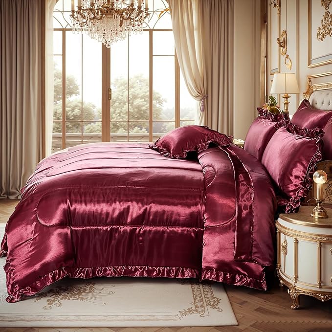 Silk Like Satin Comforter Set with Sheet Set King 8 Pcs Burgundy Satin Bedding Set Silky Ruffle Pattern Home Deocr Luxury Hotel Silky Bed in a Bag with 1 Cushion Cover