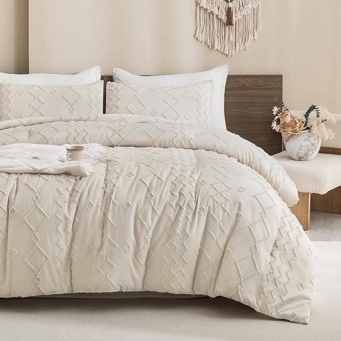 Andency Beige Tufted Comforter Set Queen, 3 Pieces(1 Comforter, 2 Pillowcases) Farmhouse Bedding Set with Soft Microfiber Down Alternative Geometric Pattern