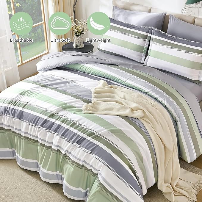 WONGS BEDDING Sage Green Comforter Queen Size Set, 7 Pieces Bed in a Bag Sage Green and Grey Comforter Set, Soft Boho Striped Bedding Sets with Sheets, Pillowcases & Shams