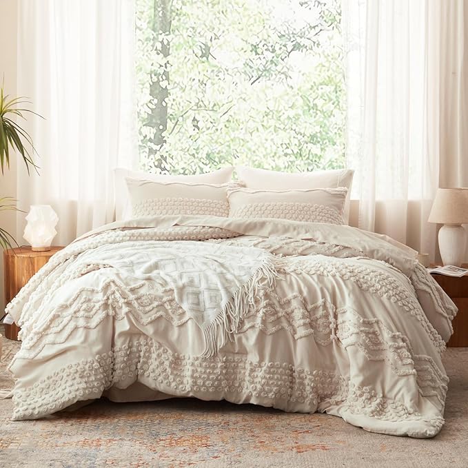 Luxudecor Beige Tufted Comforter Set King Size 3 Pieces Boho Shabby Chic Comforter Farmhouse Embroidery Bed Set Soft Comforter for All Seasons (Beige, 104''x90'')