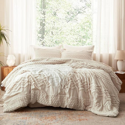Luxudecor Beige Tufted Comforter Set King Size 3 Pieces Boho Shabby Chic Comforter Farmhouse Embroidery Bed Set Soft Comforter for All Seasons (Beige, 104''x90'')