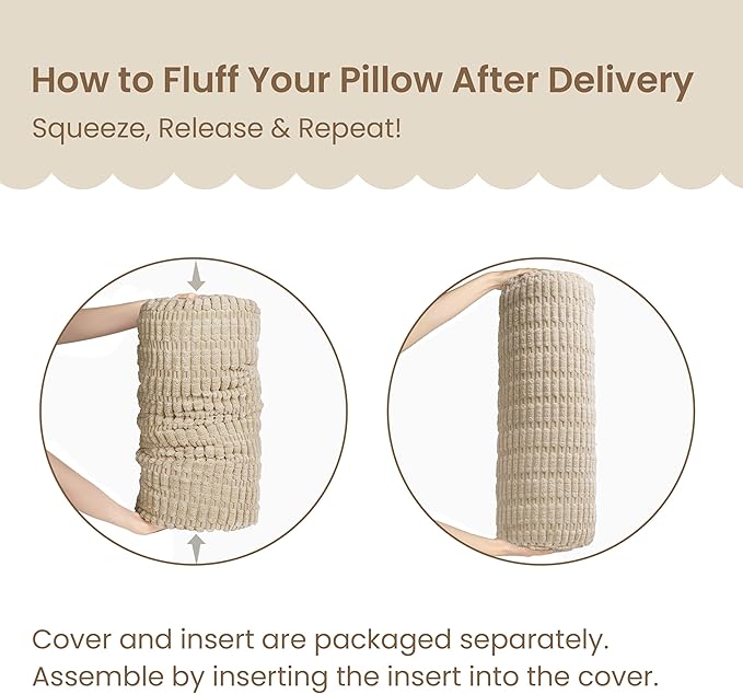 AELS Corduroy Striped Cylinder Pillows, 8" x 24" Decorative Bolster Pillows with Removable Washable Cover and Insert, Body Pillow for Couch and Bed, Living Room Bedroom Nursery Decor, Sand