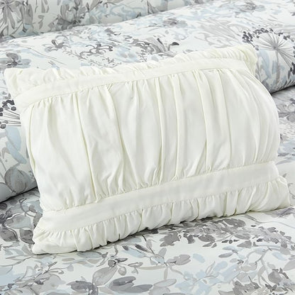 Modern Threads 5-Piece Printed Comforter Set, Giverny Queen in White Grey Blue – Soft Comforter, 2 Pillow Shams, and 2 Decorative Pillows