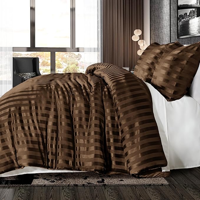 Whale Flotilla 2-Piece Reversible Silky Soft Twin Size Comforter Set, Luxury Stripe Satin Comforter Bedding Set with Satin Pillowcase, Lightweight Duvet Set for All Seasons, Brown