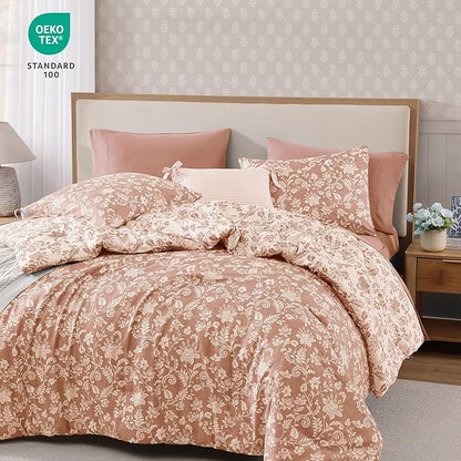 Queen Comforter Set -7 Pieces Clay Pink Floral Comforter Set for All Seasons, Bed in a Bag Queen with Botanical Flowers Comforter, Sheets, Pillowcases & Shams