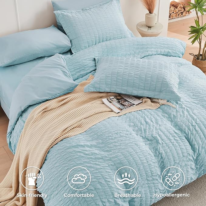 HYMOKEGE Lake Blue California King Comforter Set Seersucker 7 Pieces, All Season Luxury Bed in a Bag for Bedroom, Bedding Set with Comforters, Sheets, Pillowcases & Shams