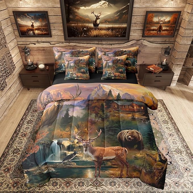 Erosebridal 7 Pieces Deer Bear Hunting Comforter Set Rustic Cabin Lodge Bedding Set Queen Size for Kids Teens Adults Country Farmhouse Woodland Animal Quilt Sets Antler Moose Bear Bed in A Bag