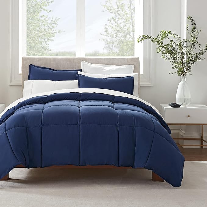 SERTA Simply Clean Ultra Soft Hypoallergenic Solid 3 Piece Comforter Set, King, Navy
