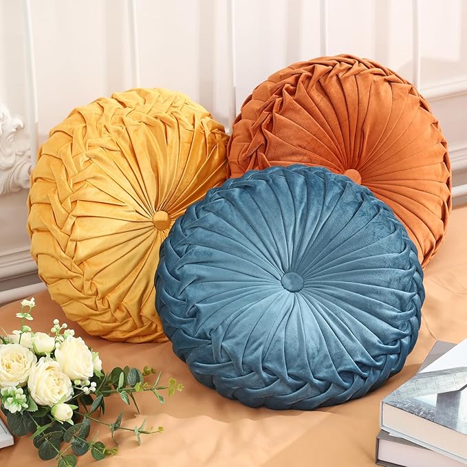 3 Pcs Round Throw Pillows Decorative Velvet Pleated Throw Pillows 15'' Diameter Accent Pumpkin Boho Chair Cushion for Couch Sofa Home Decoration (Yellow, Brown, Blue)