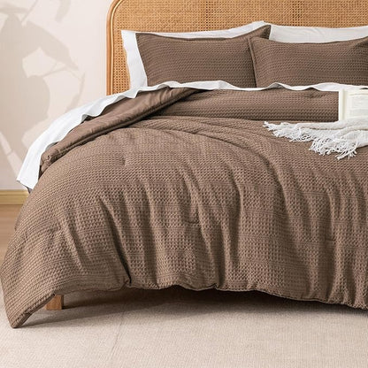 PHF Soft Waffle Comforter Set Twin Size- Comfy Breathable Waffle Weave Comforter with 1 Pillow Shams, 2 Pieces Less Snagging Lightweight Textured Bedding Set for All Season, Cocoa Brown