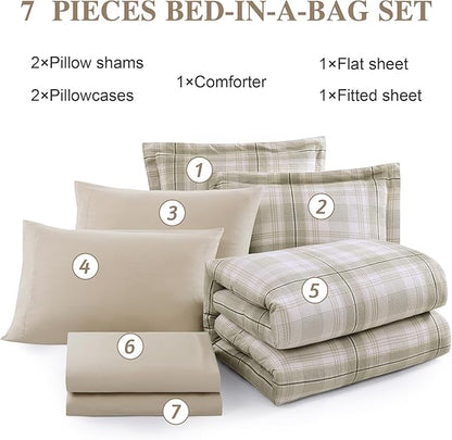 MaiRêve Plaid Full Comforter Sets, Khaki Green Grid Farmhouse Bedding Set Bed in A Bag, Classic Checkered Comforter Sets with Fitted & Flat Sheet, Pillowcases & Shams 80"x90"