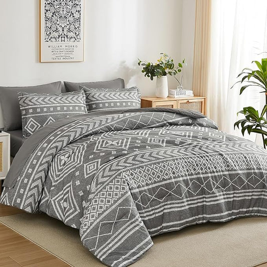 Yiran Boho Aztec Comforter Set King Size, Grey Comforter Bedding Set, 7 Piece Bed in a Bag, Soft Microfiber Bohemian Striped Complete Bedding Set with Sheets for All Season
