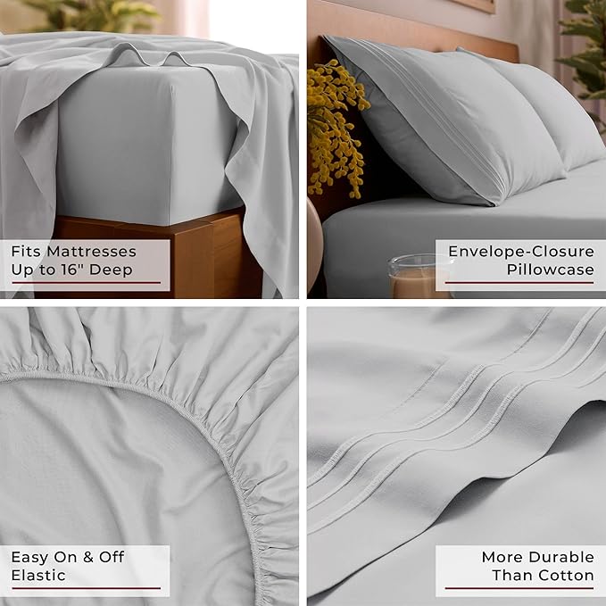 Mellanni Full Sheets Set - 4 PC Iconic Collection Bedding - Hotel Luxury, Extra Soft, Cooling Bed Sheets - Wrinkle, Fade, Stain Resistant (Full, Light Gray)