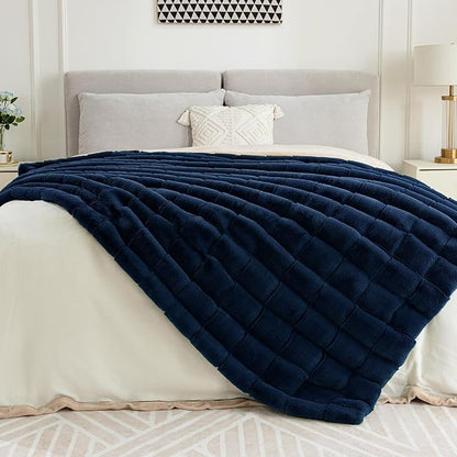 Touchat Faux Fur Throw Blanket, Luxury 1000GSM Ultra Thick Warm Rabbit Blanket for Couch Bed Sofa, 3D Checkered Pattern Soft Winter Heavy Minky Fluffy Blankets for Women Christmas Birthday Gift, Blue