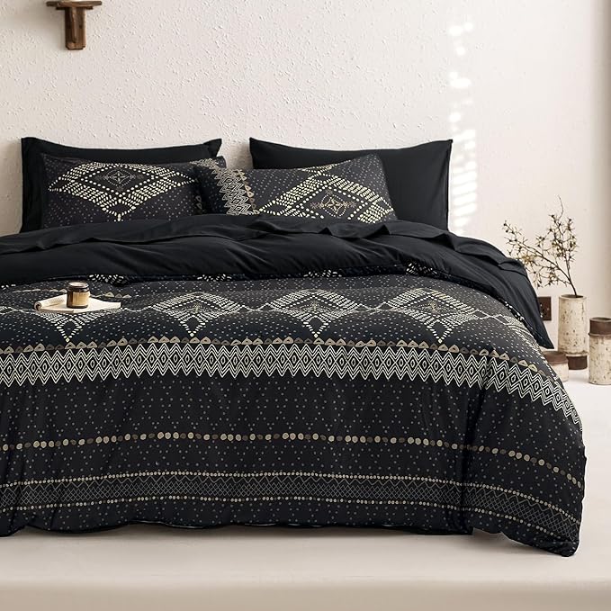 Wake In Cloud - Boho Comforter Set, Farmhouse Bohemian Western Aztec Neutral Aesthetic, Soft Lightweight Bedding, 3 Pieces, Charcoal Black, King Size