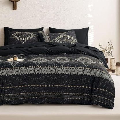 Wake In Cloud - Boho Comforter Set, Farmhouse Bohemian Western Aztec Neutral Aesthetic, Soft Lightweight Bedding, 3 Pieces, Charcoal Black, Full Size