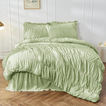 Bonlino Oversized King Comforter Set Bedding - Ruched Sage Green Comforter King Bed Set Boho Shabby Chic Bedding for Bedroom Comforter Fluffy 3 Piece Ruffle Comforter Set Green Luxury Bedding