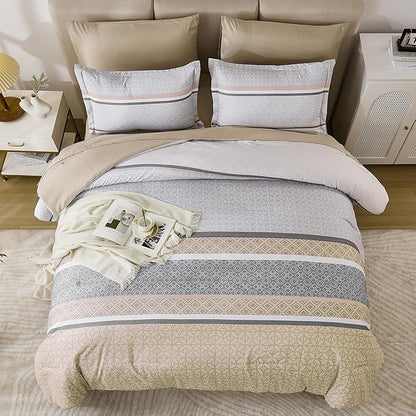 WONGS BEDDING Beige Comforter Set King Size,7 Pieces Striped Bed in a Bag Comforter and Sheet Set,Patchwork Soft Lightweight Micorfiber Bedding Set for All Seaon (90"×104")
