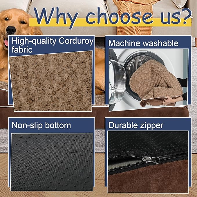 Orthopedic Dog Bed for Large Medium Sized, Washable Memory Foam Large Dog Bed, Durable Medium Pet Sofa with Removable Cover, Washable Waterproof Pet Couch Beds(Brown, XXL)