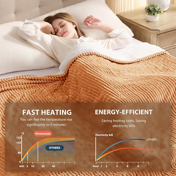 Homemate Electric Heated Blanket Full Size - 72"x84" Heating Blanket Full Size 1/2/4/6/8 Hours Auto-Off 10 Heat Level Over-Heat Protection Soft Flannel Sherpa ETL Certification