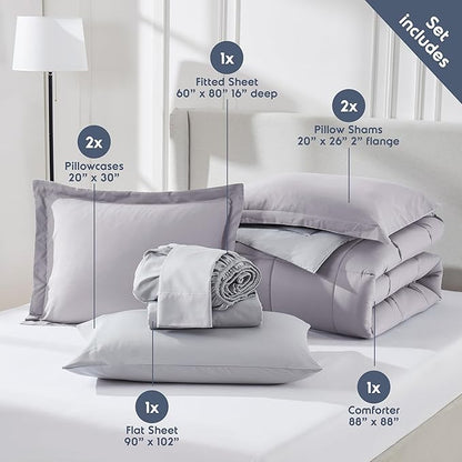 Nestl 7 Piece Queen Comforter Set – Grey Lavender Reversible Bed in a Bag – Complete Queen Size Bedding Set with Sheets, Pillowcases and Shams