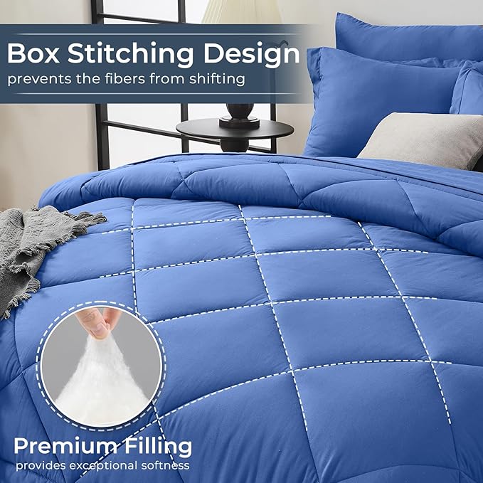 HEVUMYI Royal Blue King Comforter Set - 7-Piece All Season Bed in a Bag King, Ultra Soft Bedding Set with Comforter, Flat Sheet, Fitted Sheet, Pillowcases, Pillow Shams