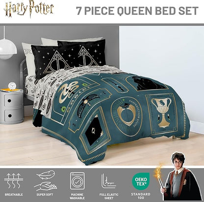 Jay Franco Kids Comforter Set Includes Sheets and Pillow Covers - Soft and Cozy Bed Set for Stylish Room Decor, Blue - Harry Potter, 7 Piece Queen Size Bedding