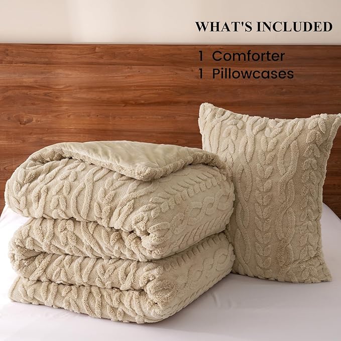PHF Fluffy Sherpa Fleece Twin Comforter Set, 2 Pieces Warm Fuzzy Soft Bedding for Winter, 3D Tufted Flannel Plush Shaggy Bed Set, 1 Comforter (68"x90") and 1 Pillowcase (20"x26"), Khaki