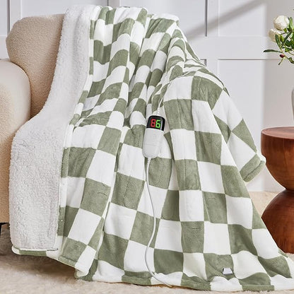 Sage Green Heated Blanket Electric Twin Size, 62X84 Heating Blanket with 10 Heat Levels & 8 Hours Auto Off, Checkered Plaid Soft Fleece Sherpa Blankets Warmer Gifts for Couch Grandma Women Adults