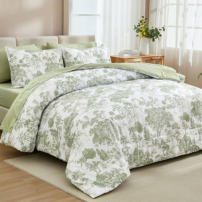 DJY Full Size Comforter Sets, Sage Green 7 Pieces Bed in a Bag Full Botanical Comforters with Sheets Elegant Plants Print Soft Microfiber Reversible Complete Bedding Sets for All Season