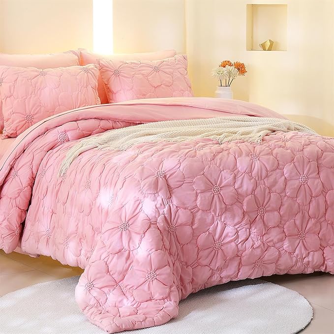 Pink Pinch Pleat Comforter Set Queen Size-7 Pieces Bedding Comforter Bed in A Bag-Lightweight Microfiber Bedding Set with Comforter,Fitted Sheet,Flat Sheet and Pillow Shams-90 x90