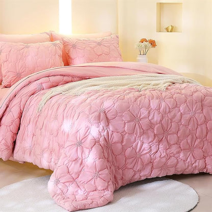 Pink Pinch Pleat Comforter Set King Size-7 Pieces Bedding Comforter Bed in A Bag-Lightweight Microfiber Bedding Set with Comforter,Fitted Sheet,Flat Sheet and Pillow Shams-104 x90