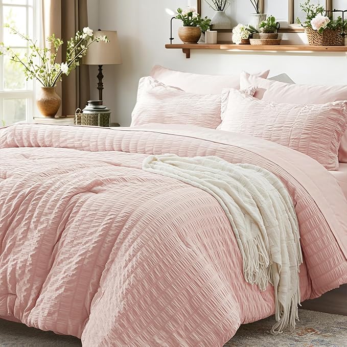 Zzlpp Twin Comforter Set - 5 Pieces, Pink Seersucker Bed in a Bag with Comforter, Pillow Sham, Pillowcase, Flat Sheet, Fitted Sheet
