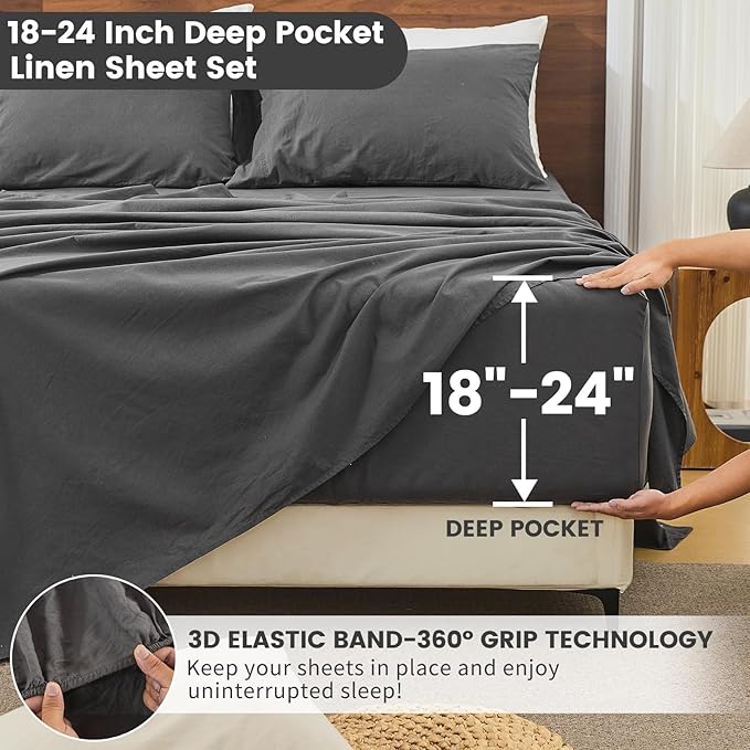 Bedlifes 100% French Flax Linen Sheets Set Queen Size - 6 Piece Extra Deep Pocket 18-24",Soft Breathable Queen Bed Sheets with Temperature Regulating & Moisture-Wicking(Dark Grey