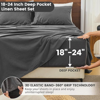 Bedlifes 100% French Flax Linen Sheets Set Queen Size - 6 Piece Extra Deep Pocket 18-24",Soft Breathable Queen Bed Sheets with Temperature Regulating & Moisture-Wicking(Dark Grey