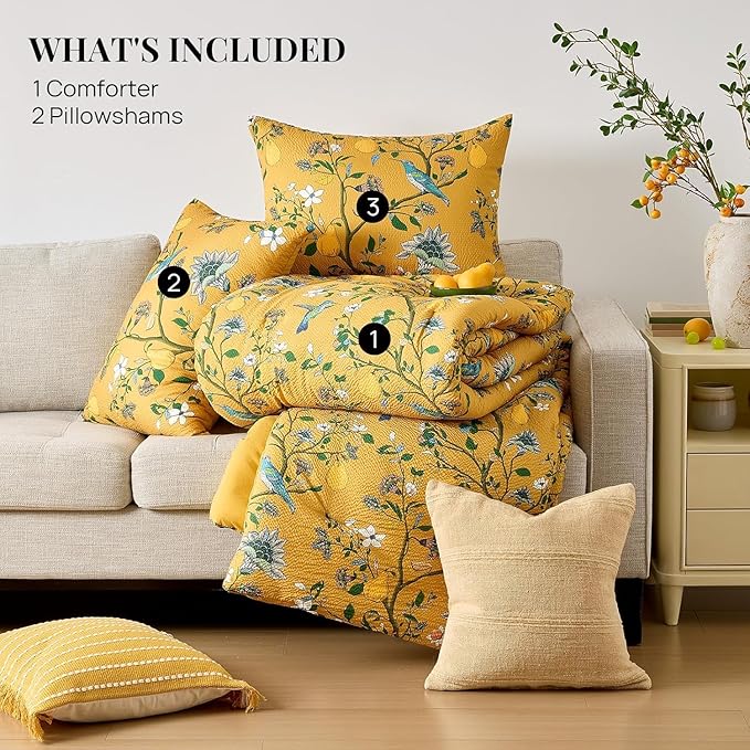 MUSSEL Bedding California King Size Comforter Set 3 Pieces,Yellow Vintage Botanical Floral Pattern Bed Comforter Sets,Boho Whimsical Modern Printed Design Cute Seersucker Bedroom Comforter and Shams
