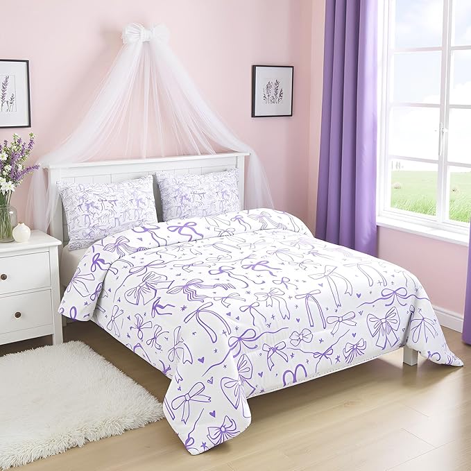 Purple Bowknots Bedding Set King Size,Cartoon Hand Drawn Stars Love Bow Comforter Set,Kawaii Princess Style Quilt Set for Kids Girls Women Teens Room Decor,Romantic Duvet Insert,2 Pillowcases