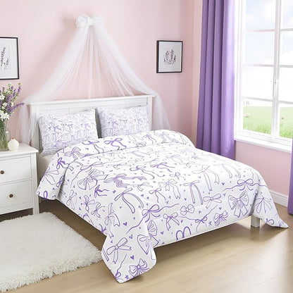 Castle Fairy Purple Bow Comforter Set Twin Size, Cartoon Bow Bedding Set, Kawaii Princess Style Stars Love Bowknot Quilt Set for Kids Girls Women Teens Room Decor,Romantic Duvet Insert,1 Pillowcase